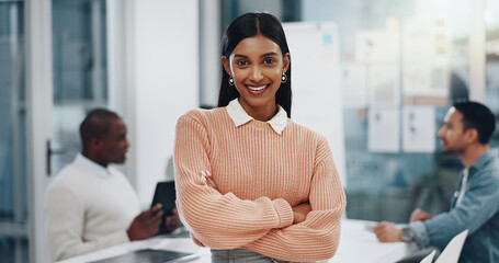 Office, businesswoman and portrait with arms crossed for meeting, leadership and positive attitude....