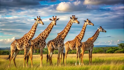 A group of tall giraffes stand together in a grassy field, their long necks reaching towards the sky