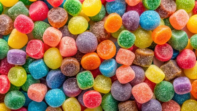 A kaleidoscope of multicolored candies forms a whimsical backdrop, embracing the quirks and charm of nostalgia and nerd