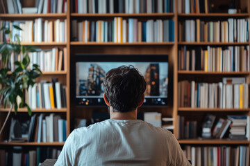 A Man on his Computer in a Home Office with a Large Bookshelf in the Background, Showcasing an Organized Workspace and Seamless Virtual Communication Using Modern Technology