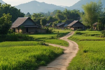 Fototapeta premium A peaceful rural landscape with lush green rice fields and traditional houses nestled in the hills. The winding path invites exploration of this serene setting. Generative AI