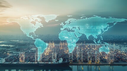 Cityscape with digital world map overlay depicting global connec