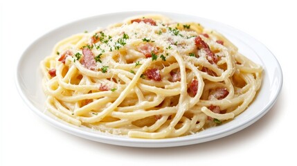 Savor the creamy delight of spaghetti carbonara, adorned with crispy pancetta and a dash of Parmesan.