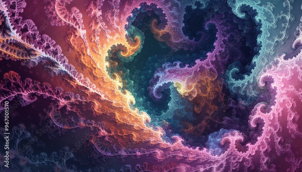 Poster vibrant and intricate fractal texture creating an abstract background full of depth and color