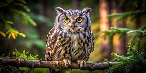 Obraz premium A majestic large owl with piercing yellow eyes surveyed its kingdom from a sturdy branch high above the