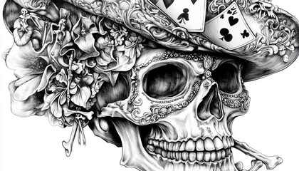 Fototapeta premium Fantasy illustration featuring a decorated skull with an ace of spades design complete with a hat accessories and crossbones intricately rendered in black and white