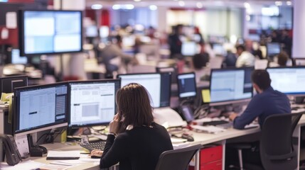 Reporters are focused on their tasks, typing and communicating, in a bustling newsroom filled with technology