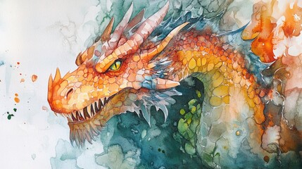 A handcrafted watercolor depiction of an imaginative dragon