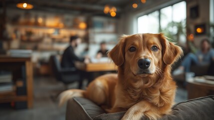Golden Retriever Relaxing in a Pet-Friendly Workspace, Team Collaborating in a Bright, Modern Office Setting with Cozy Atmosphere and Warm Lighting