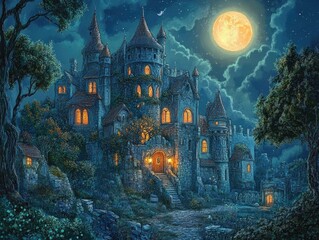 Fototapeta premium Enchanting nighttime landscape featuring a whimsical castle