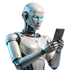 robot with smartphone isolated on transparent white background, clipping path