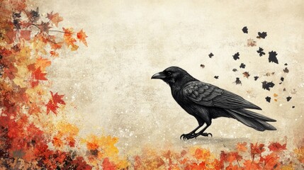 Fototapeta premium Fantasy raven amidst autumn foliage with falling leaves hand drawn illustration on textured paper