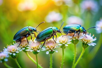 Three beetles on small flowers in a summer forest at eye level
