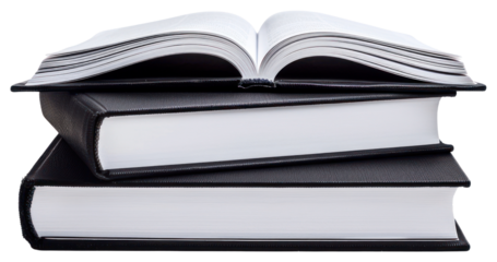 Stacked black books open