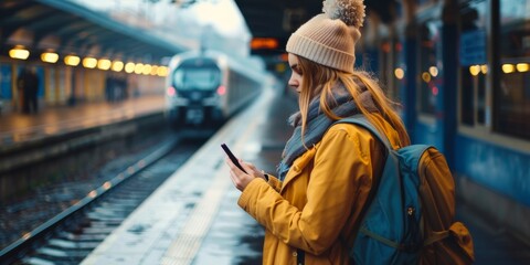 Naklejka premium woman holding cellphone beside train tracks at station