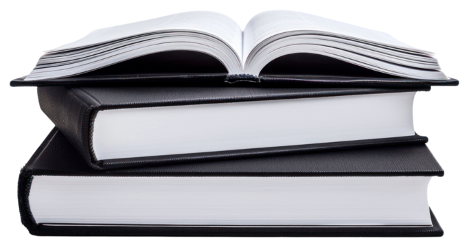 Stacked black books open