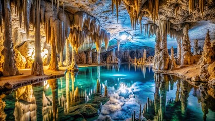 Obraz premium Ancient limestone cave boasts a crystal-clear pool reflecting the majesty of towering stalactites and stalagmites, a