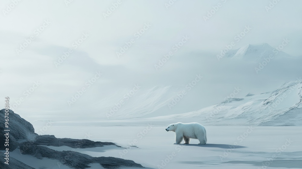 Canvas Prints Polar Bear Walking on Snowy Landscape with Mountains in the Background