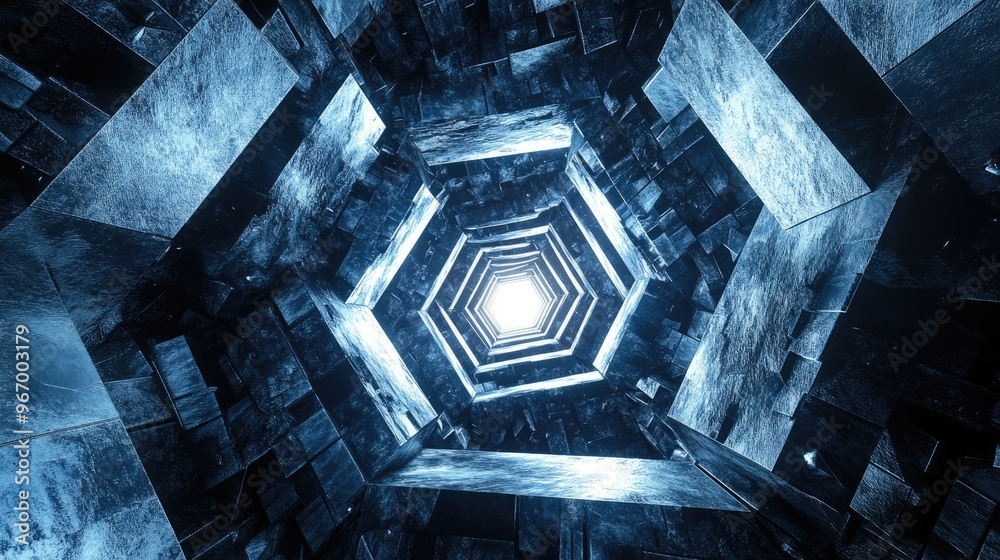 Poster 3d rendering of a triangular tunnel surrounded by cubes created through digital illustration