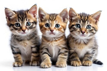 Three cute kittens posing for a close-up shot on a white background