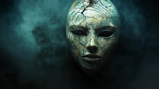 Eerie mask with intricate patterns and cracked surface emerges from shadowy background. Teal-tinted foggy atmosphere surrounds the enigmatic face. 