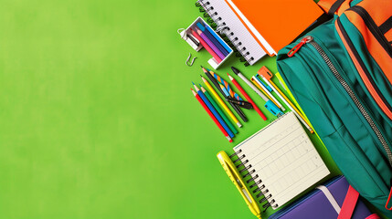 A variety of school supplies including a backpack, pencils, and notebooks arranged on a bright green background with room for text, captured by an HD camera,