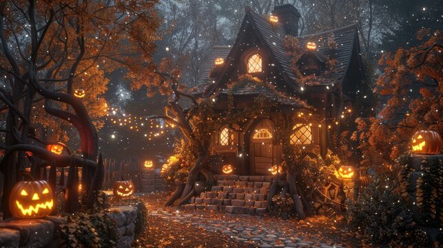 A whimsical Halloween scene featuring a cozy house adorned with glowing pumpkins and autumn foliage.