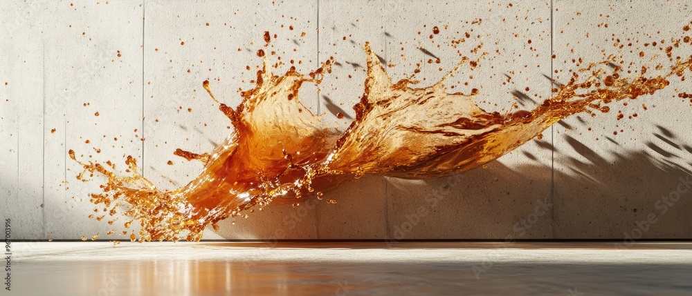 Poster a dynamic splash of liquid within a concrete studio space 3d illustration and rendering