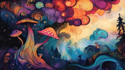 Obraz premium Whimsical and enchanting hand drawn illustration featuring vivid colors and elements that inspire feelings of mystery magic and the supernatural