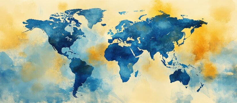 Fototapeta Artistic world map featuring blue and yellow hues