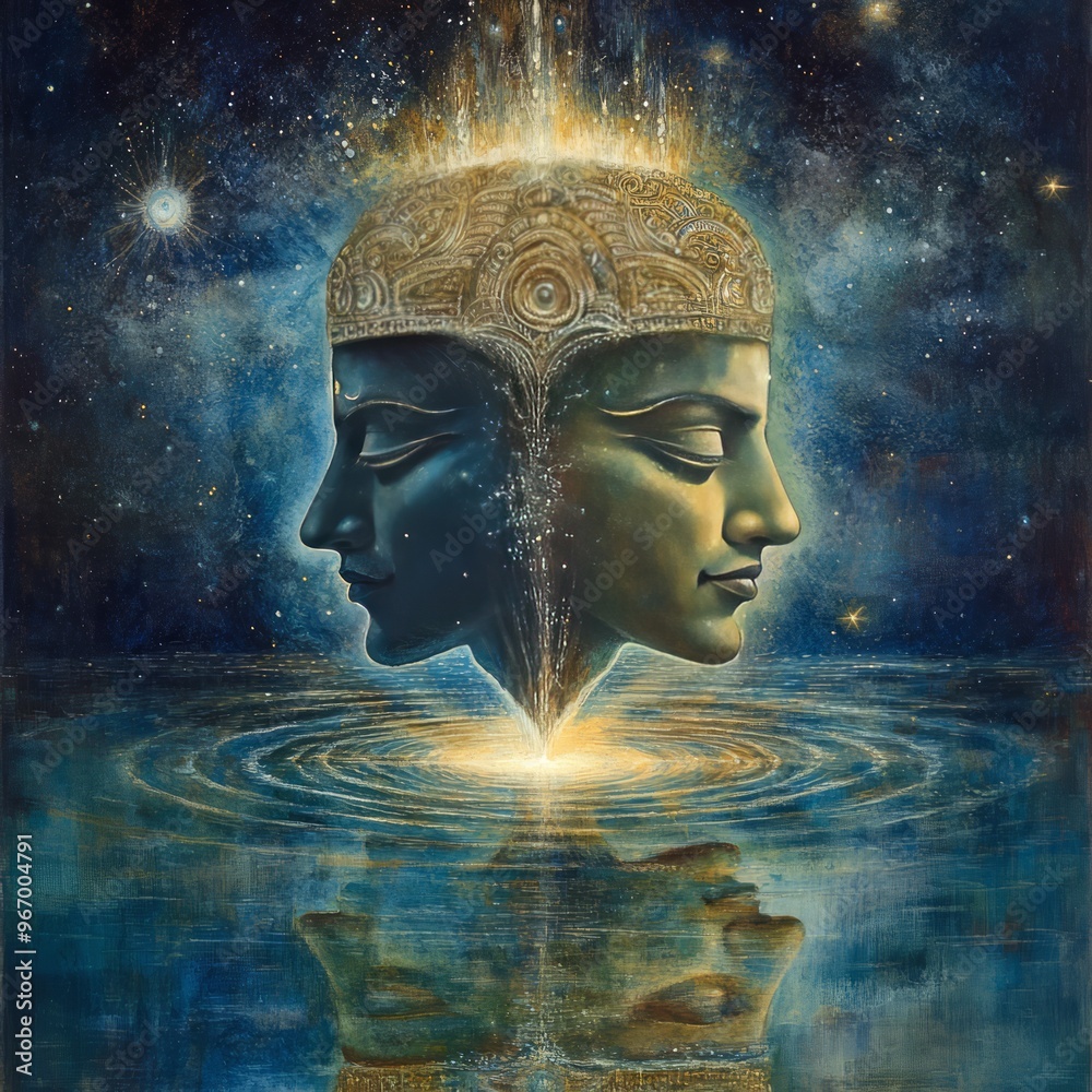 Poster A cosmic painting depicting a two-faced head with a golden crown, floating above a body of water, with a starry night sky in the background.