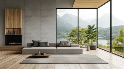 Fototapeta premium Minimalist living room design featuring a sofa on wooden flooring decorative elements on a large wall and a scenic view through the window Nordic interior style 3D illustration