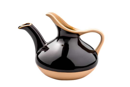 A sleek black teapot of soy sauce with a red cap isolated on a white transparent background. Condiment concept.