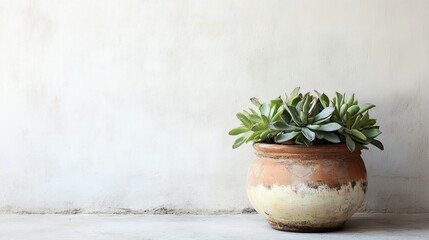 Succulent Plant in Terracotta Pot Against White Wall