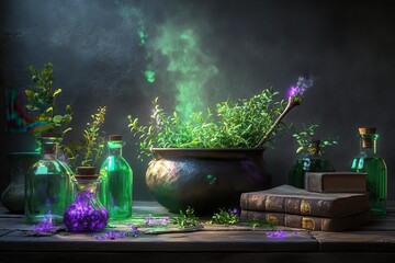 A table with a variety of colorful bottles and a green plant