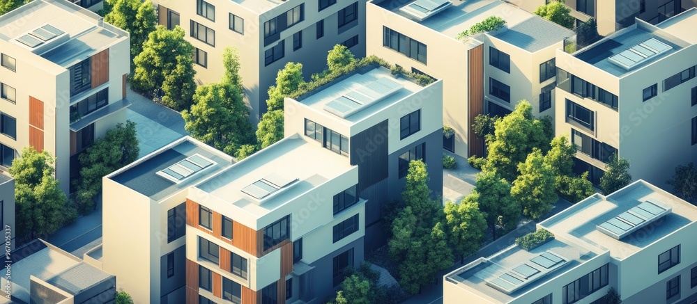 Wall mural 3d rendering of a series of eco friendly houses positioned amidst an array of apartment buildings