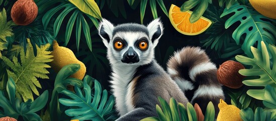 Fototapeta premium Adorable illustration of a ring tailed gray lemur surrounded by tropical leaves and fruits