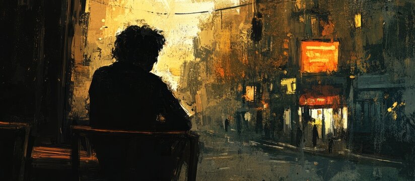 A nonchalant figure leans by an open window passively watching the happenings in the street with an air of indifference