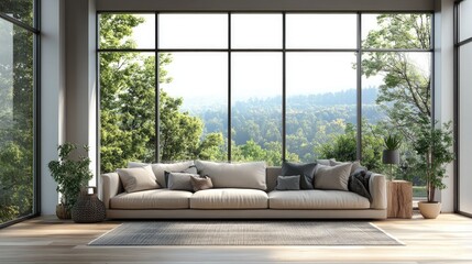 Fototapeta premium Minimalist living room interior featuring a sofa on wood flooring decor on a large wall and a bright landscape visible through the window Nordic design in a 3D illustration