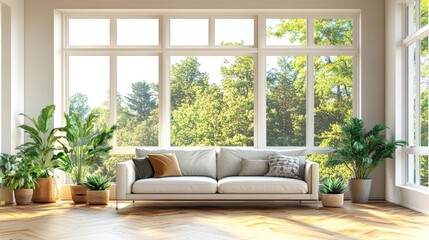 Concept of a bright Scandinavian living room featuring a sofa potted plants on wooden flooring wall frames and a scenic view through large windows Nordic interior design 3D rendering