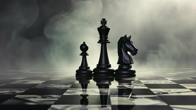 Intriguing moments of a chess game with dramatic lighting and smoke effects showcasing black pieces on a board