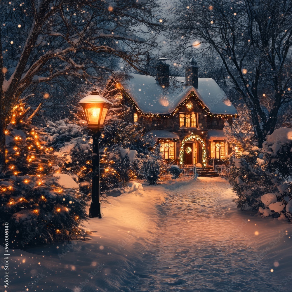 Sticker A cozy cottage glows with Christmas lights in a snowy winter night.