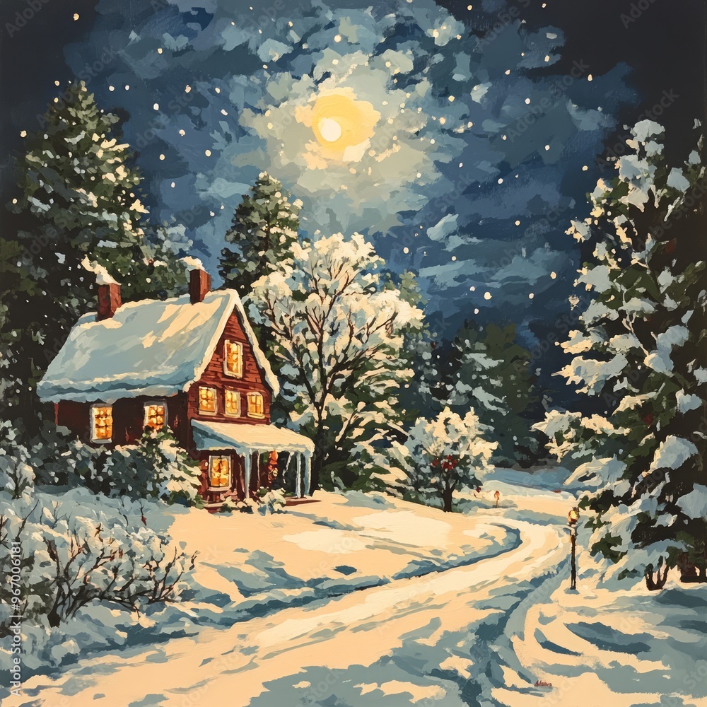 Wall mural A cozy cottage with snow-covered landscape and a bright moon in the night sky.