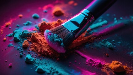 Fototapeta premium A brush is surrounded by colorful makeup powder, creating a vibrant and dynamic scene