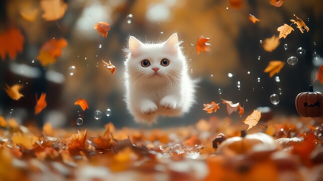An adorable white kitten leaps playfully through a pile of autumn leaves.