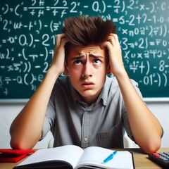 An unsure student struggles with a math problem at the board trying to find a solution to an equation in math class. The boy's face shows confusion and difficulty