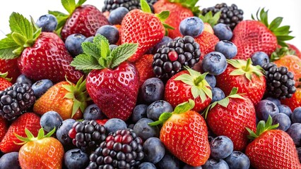 Tilted angle berries background with strawberries, blueberries, raspberries, and blackberries