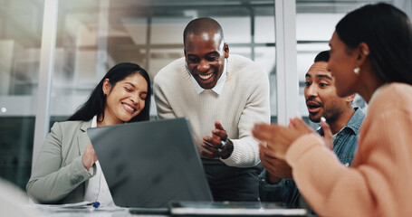 Business people, applause and video call in office for celebration, discussion and creative agency....