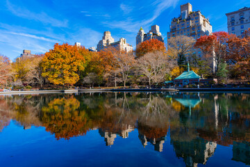 Fototapeta premium New York City, USA - November 20, 2023: Autumn city landscape of central park in fall season with beautiful cityscape and nature. November weather New York. NYC. Central Park