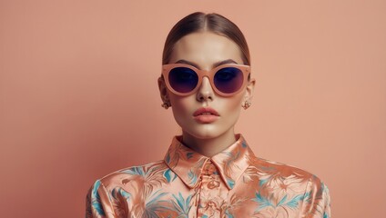 A brunette Caucasian woman wearing a pink suit and sunglasses with purple lenses